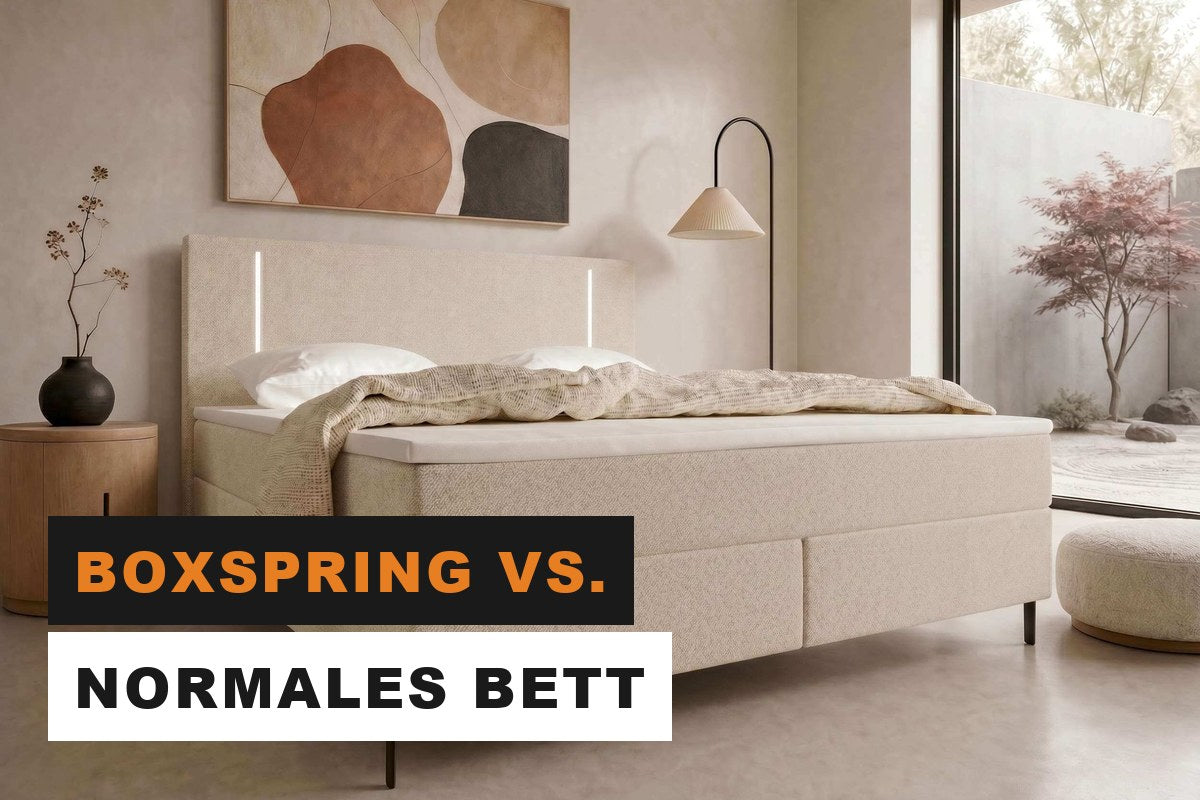 Graues Boxspringbett mit hohem Kopfteil in einem modernen Schlafzimmer