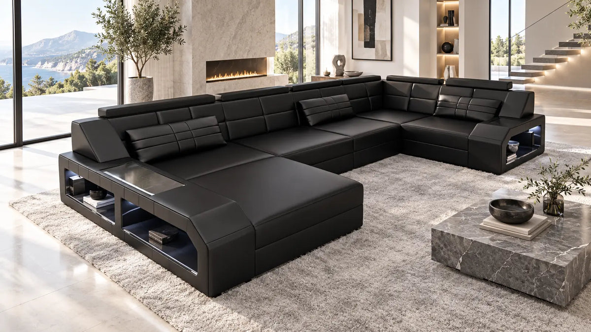 Arezzo Möbelserie – schwarze Sofa Dreams Wohnlandschaft mit Ablagen und LED-Beleuchtung