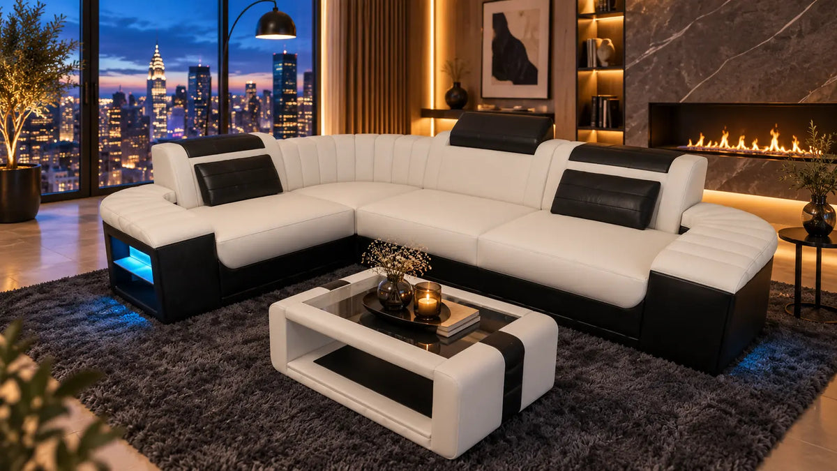 Bergamo Sofas – schwarz-weiße Sofa Dreams Eckcouch mit LED-Beleuchtung im modernen Wohnraum