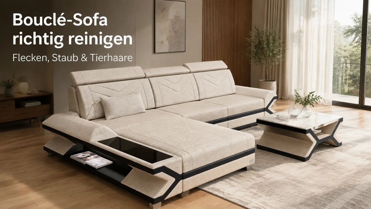 Bouclé-Sofa richtig reinigen: helle Couch mit strukturierter Oberfläche