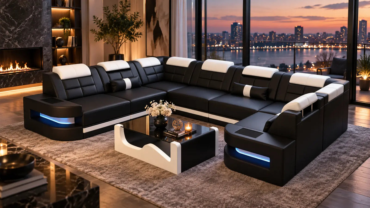 Como Sofas – schwarz-weiße Sofa Dreams Wohnlandschaft mit blauer LED-Beleuchtung