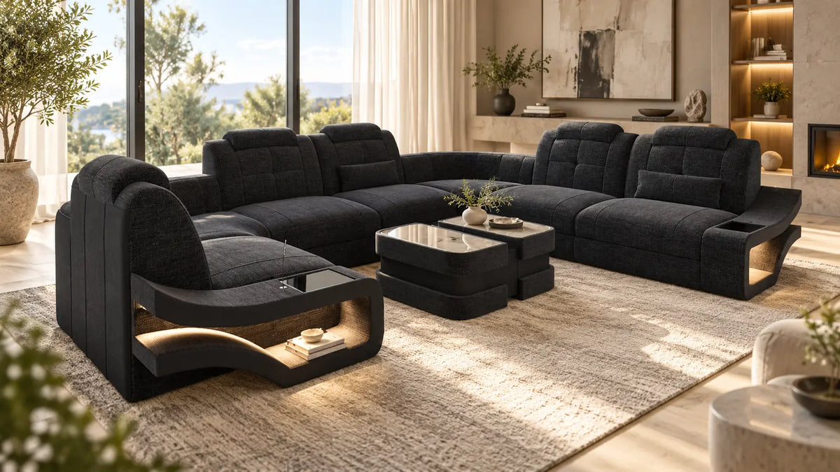 Elena Wohnlandschaft in modernem Wohnzimmer – Stoff, Leder und Sofaform vergleichen
