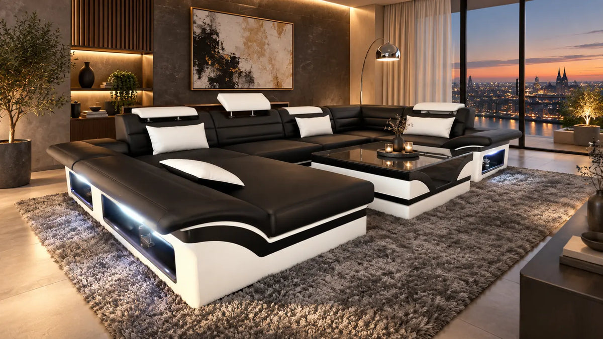 Enzo Wohnlandschaft mit LED in U-Form – XXL-Sofa modern inszeniert