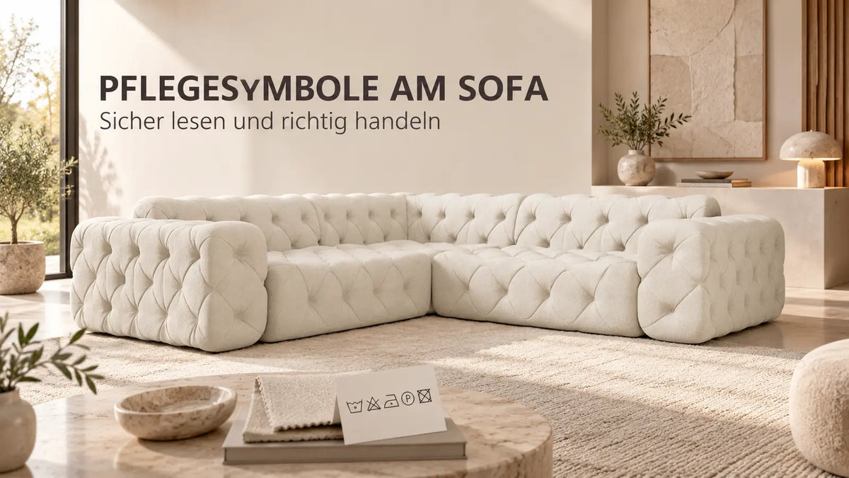 Pflegesymbole am Sofa richtig lesen – Ecksofa Menorca mit Pflegehinweisen