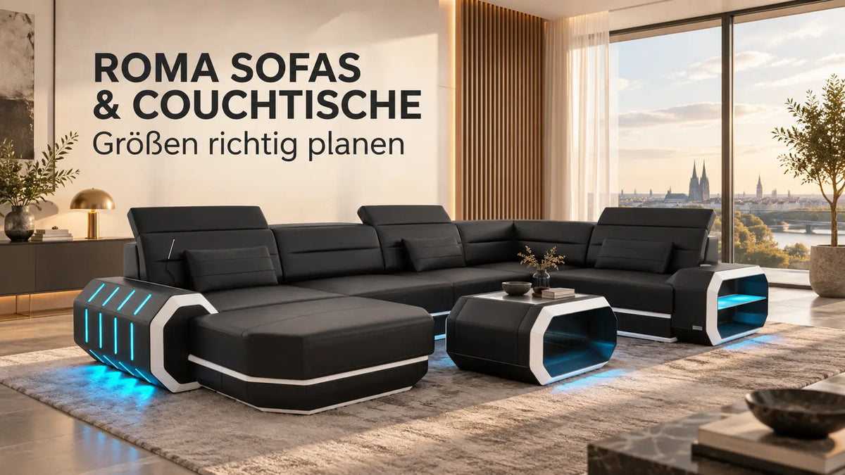 Roma Sofas und Couchtische – großzügige schwarze Wohnlandschaft mit weißen Akzenten von Sofa Dreams