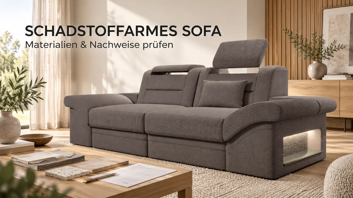 Schadstoffarmes Sofa auswählen – Sofa Dreams 2-Sitzer Monza mit Materialmustern und Nachweisen