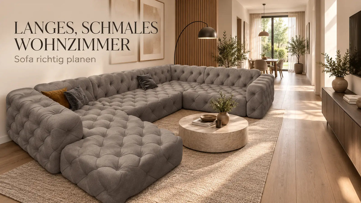 Sofa für ein langes schmales Wohnzimmer richtig auswählen und platzieren