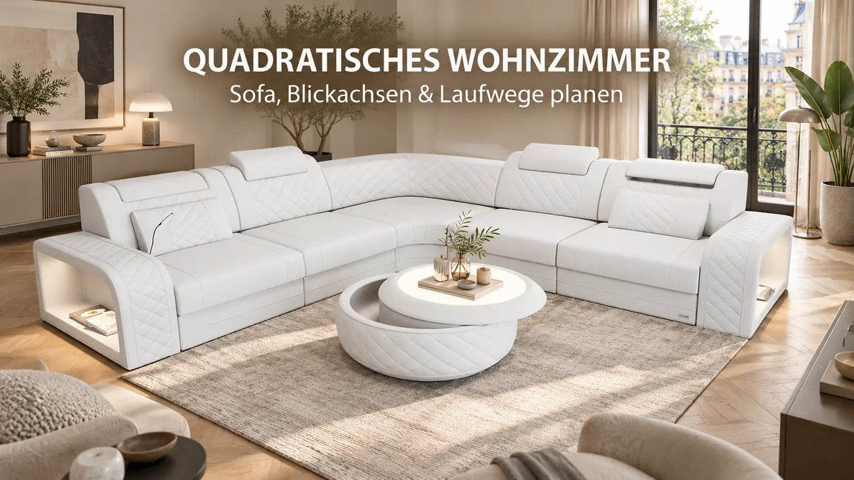 Sofa im quadratischen Wohnzimmer – Ecksofa Foggia mit freien Blickachsen und Laufwegen