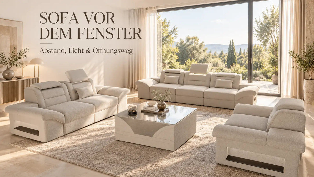 Sofa vor dem Fenster aufstellen – Abstand, Tageslicht und Öffnungsweg planen