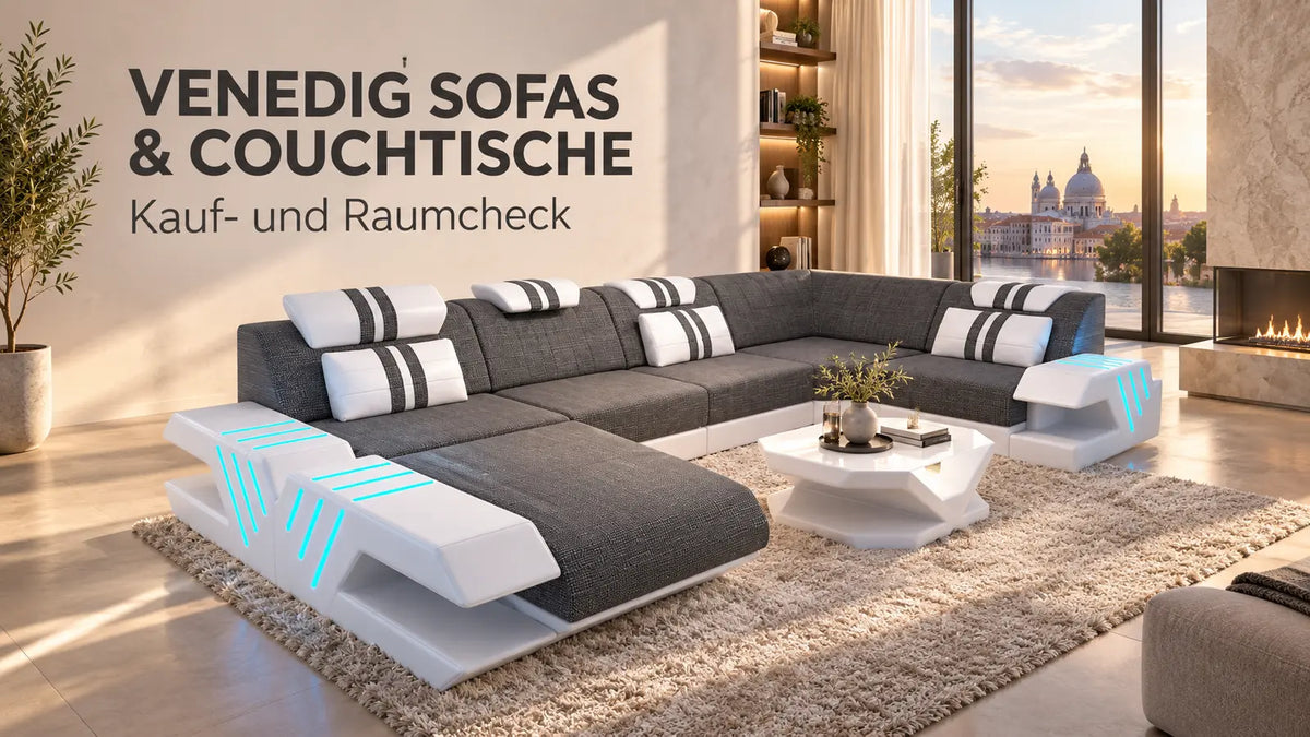 Venedig Sofas und Couchtische – graue Wohnlandschaft mit moderner Beleuchtung von Sofa Dreams