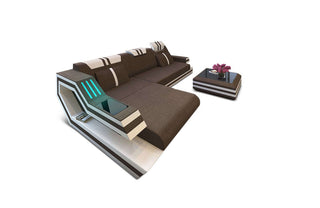 Polstersofa Materialmix Ravenna L-Form LED in Strukturstoff und der Farbe Braun und Weiß - Ausrichtung links