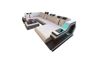 Stoff-Wohnlandschaft Ravenna U-Form LED in Strukturstoff und der Farbe Macchiato und Schwarz - Ausrichtung rechts