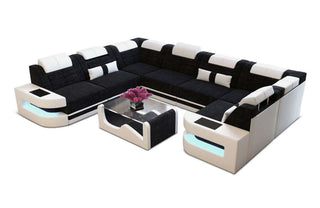 Stoff Wohnlandschaft Como U-Form mit LED in Strukturstoff und der Farbe Dunkelgrau und Weiß - Ausrichtung links