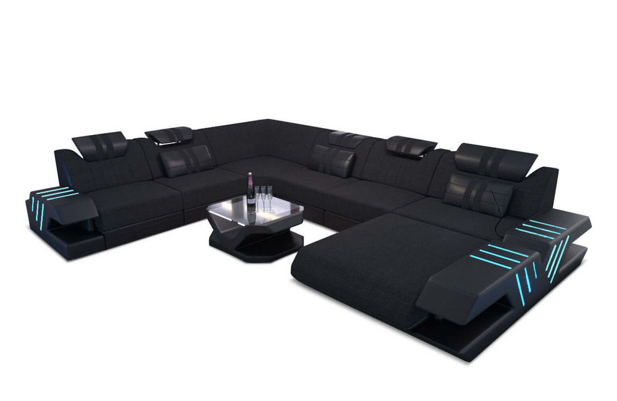 XXL Wohnlandschaft Venedig U-Form aus Stoff Schwarz-Schwarz
