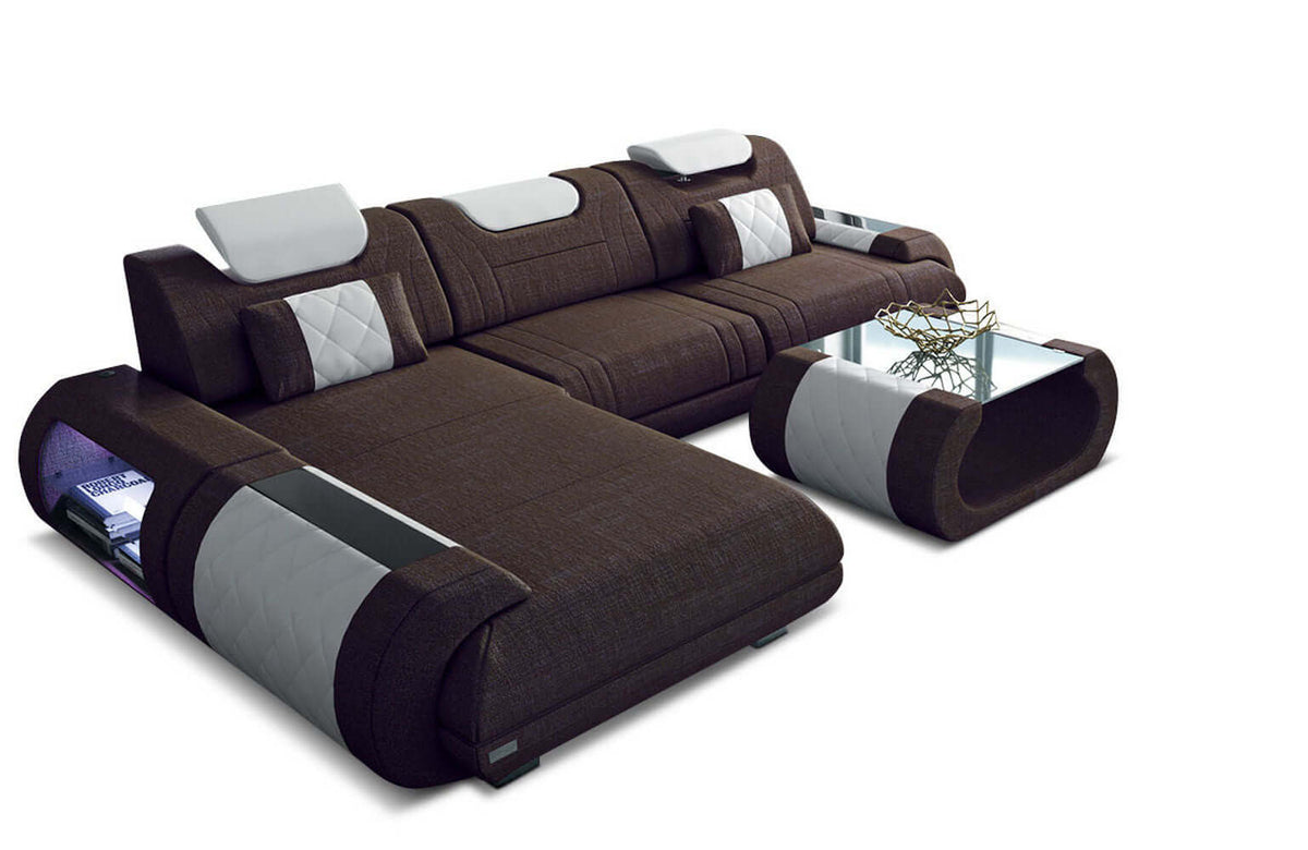 Couch Rimini L-Form in Stoff Graubraun-Weiß