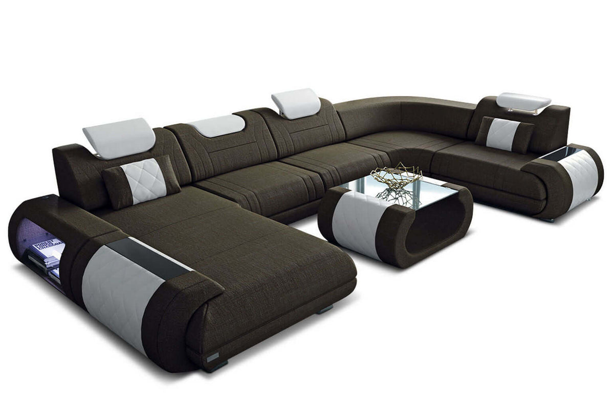 Wohnlandschaft Rimini U-Form aus Stoff Braun-Weiß
