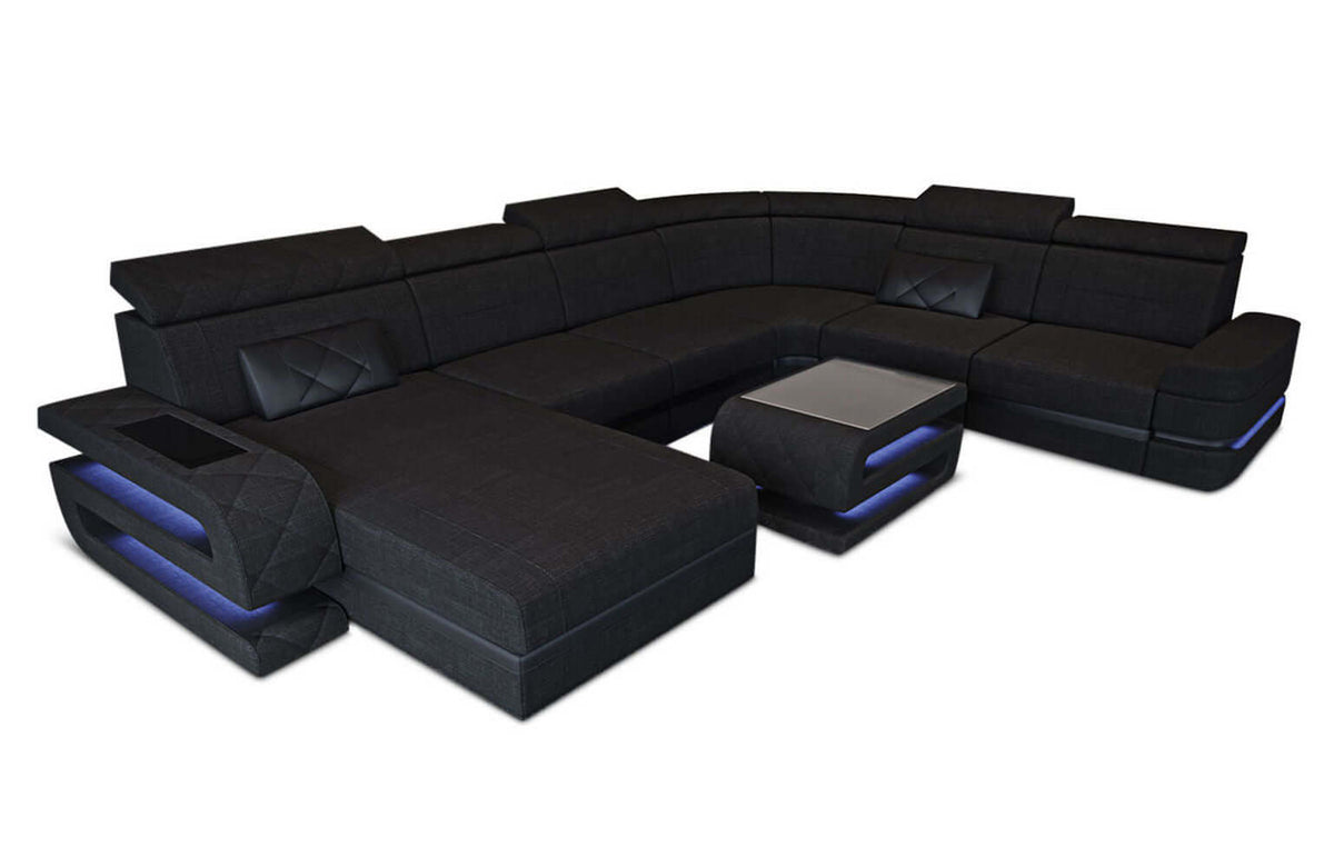 Wohnlandschaft Bologna XXL U-Form in Stoff Schwarz-Schwarz