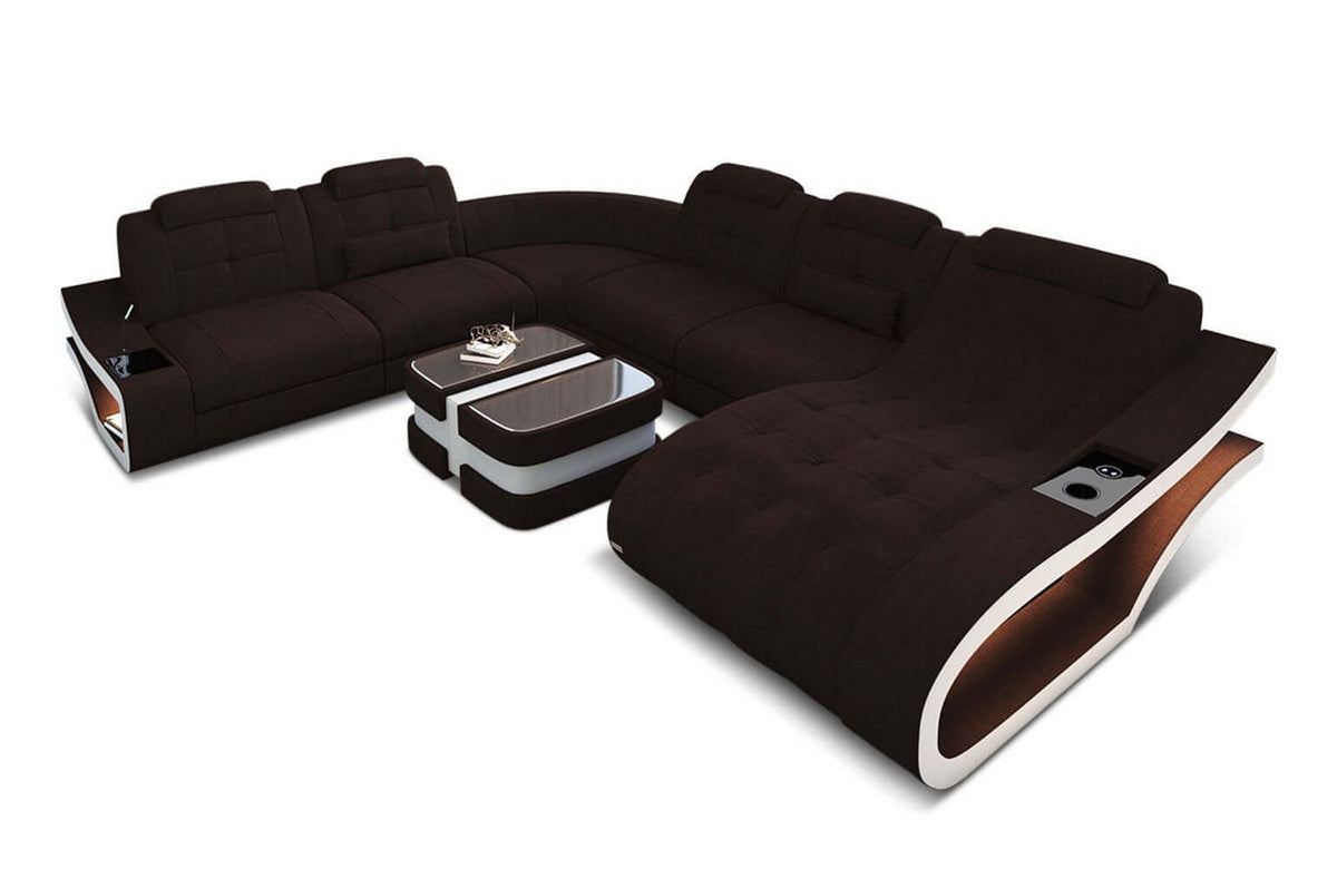 Stoff Wohnlandschaft Elegante XXL U-Form Graubraun-Weiß