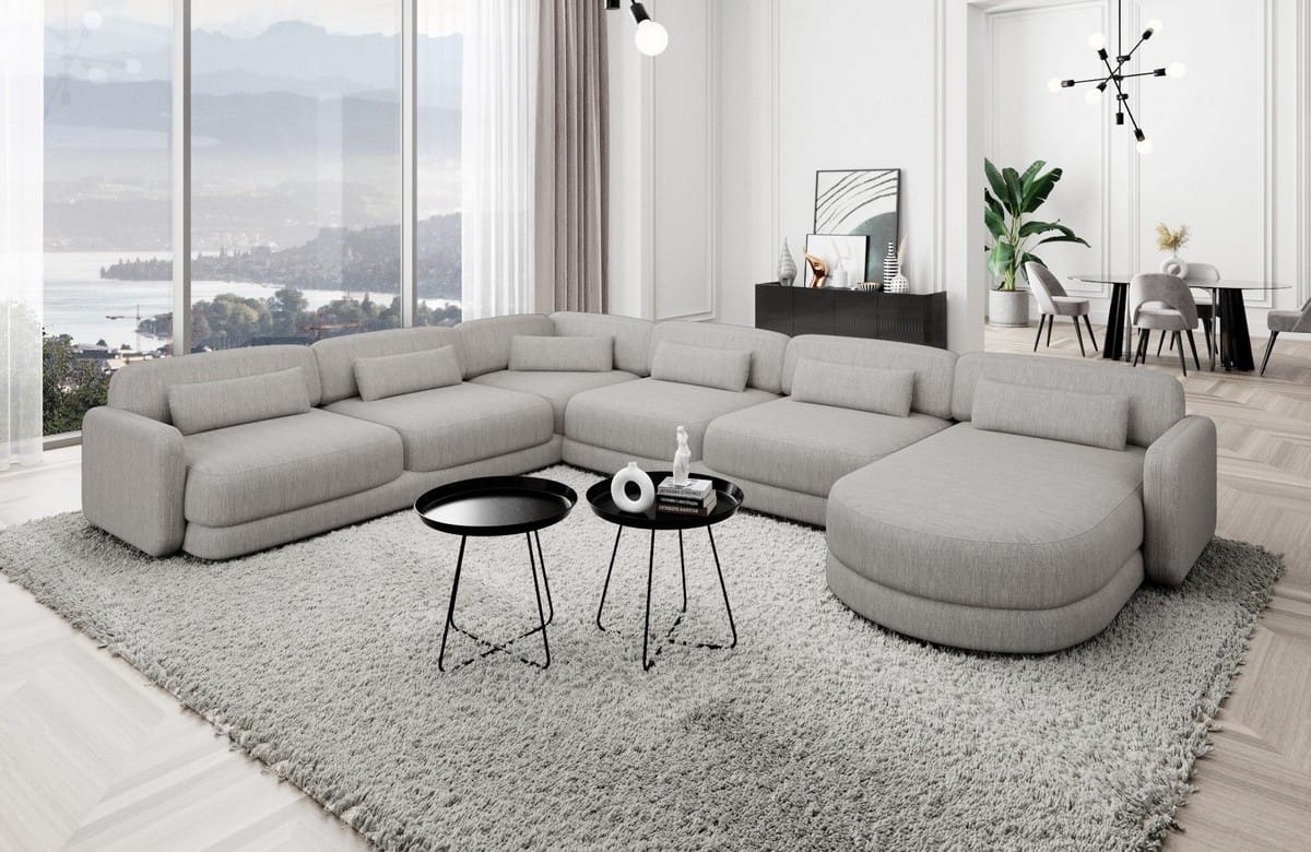 Wohnlandschaft Valencia XXL U-Form in Stoff Hellgrau