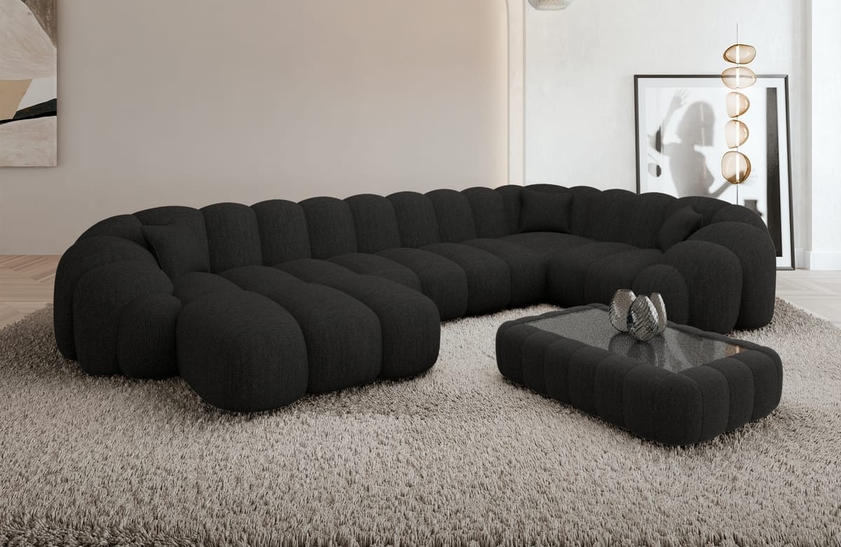 Stoff Wohnlandschaft Rajada U-Form Schwarz