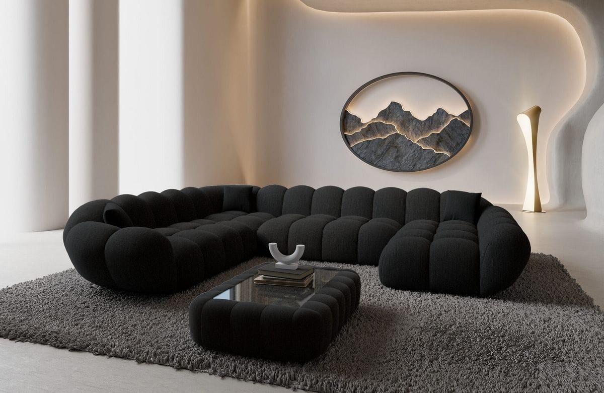 XXL Wohnlandschaft Maleron U-Form aus Stoff Schwarz