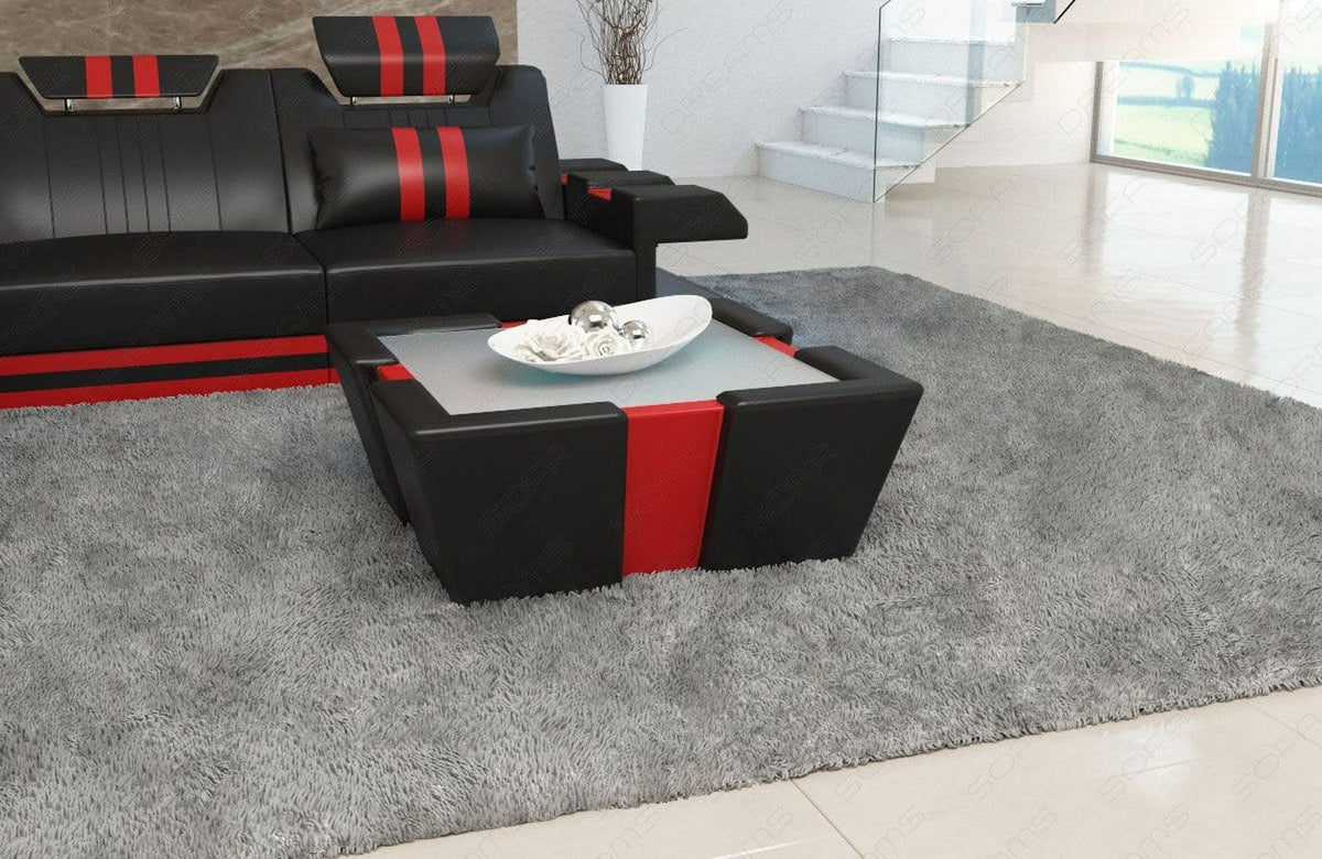 Couchtisch Apollonia LED in Leder Schwarz-Rot