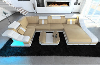 Mini Wohnlandschaft Turino U-Form in Leder Sandbeige-Weiß