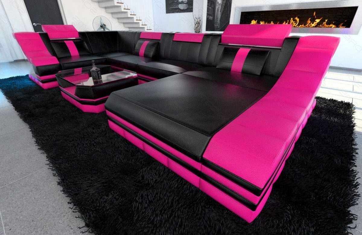 Wohnlandschaft Turino U-Form in Leder schwarz-pink