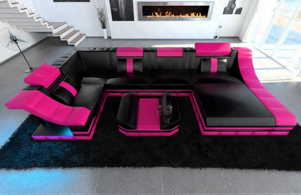 Wohnlandschaft Turino U-Form in Leder schwarz-pink