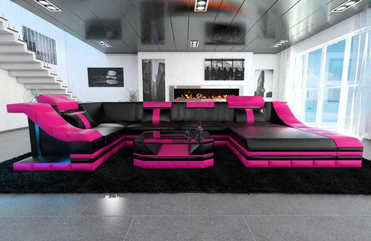 Wohnlandschaft Turino U-Form in Leder schwarz-pink