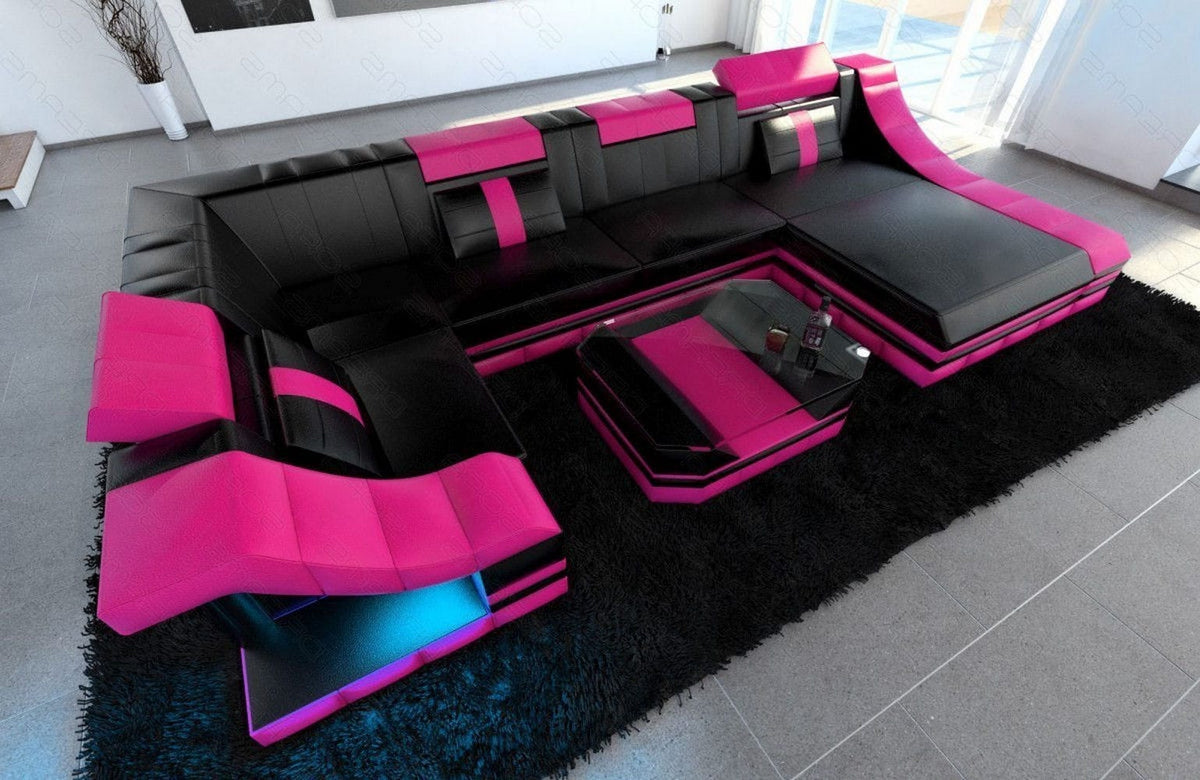 Wohnlandschaft Turino U-Form in Leder schwarz-pink