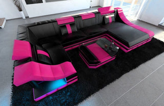 Wohnlandschaft Turino U-Form in Leder schwarz-pink