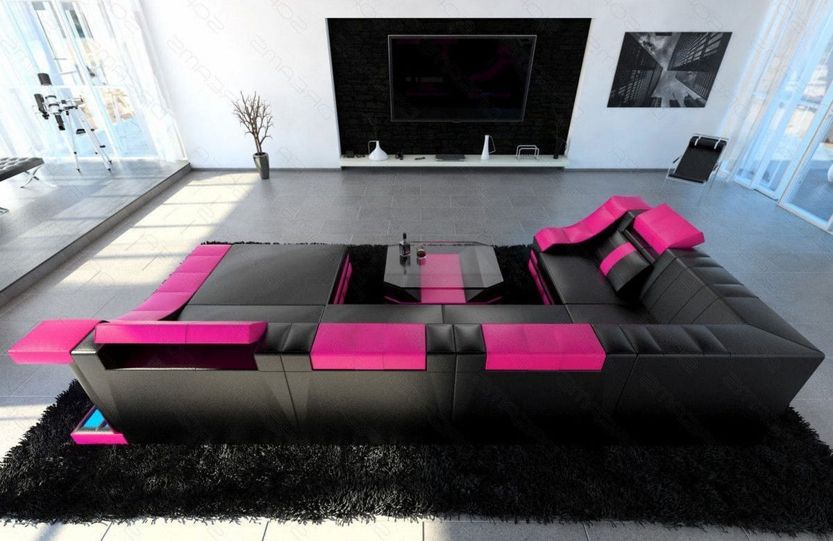 Wohnlandschaft Turino U-Form in Leder schwarz-pink