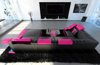 Wohnlandschaft Turino U-Form in Leder schwarz-pink