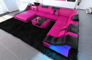 Mini XL Wohnlandschaft Turino U-Form aus Leder Pink-Schwarz