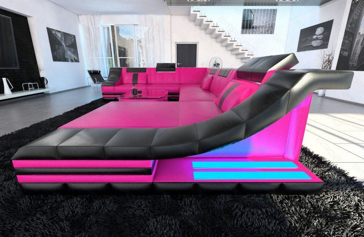 XXL Wohnlandschaft Turino U-Form aus Leder pink-schwarz