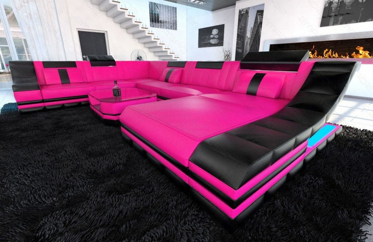 XXL Wohnlandschaft Turino U-Form aus Leder pink-schwarz