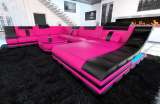 XXL Wohnlandschaft Turino U-Form aus Leder pink-schwarz
