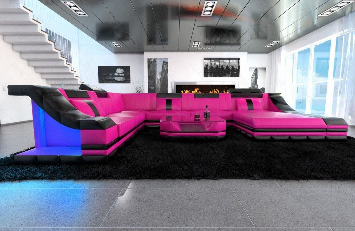 XXL Wohnlandschaft Turino U-Form aus Leder pink-schwarz