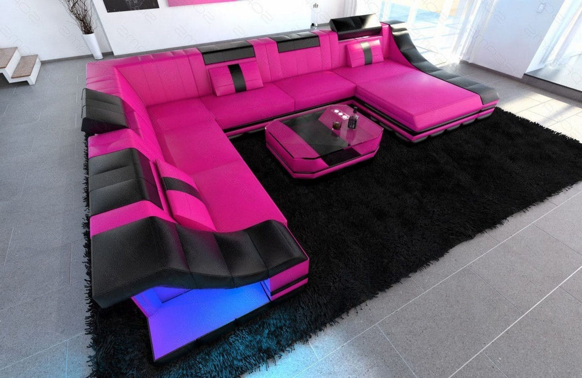 XXL Wohnlandschaft Turino U-Form aus Leder pink-schwarz