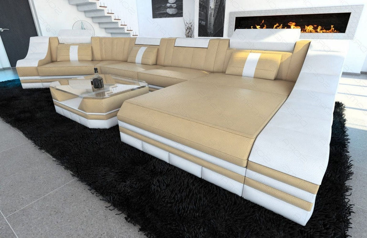 Mini Couch Turino C-Form in Leder Sandbeige-Weiß