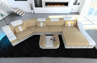 Mini Couch Turino C-Form in Leder Sandbeige-Weiß