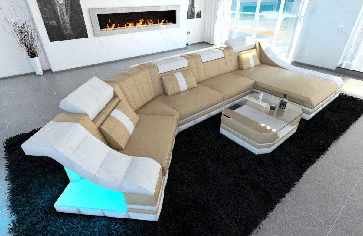 Mini Couch Turino C-Form in Leder Sandbeige-Weiß