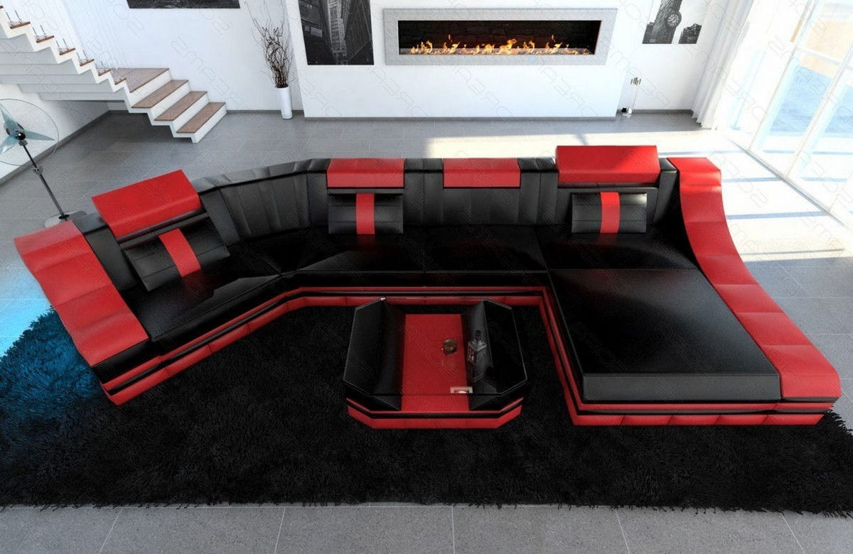 Leder Couch Turino C-Form schwarz-rot