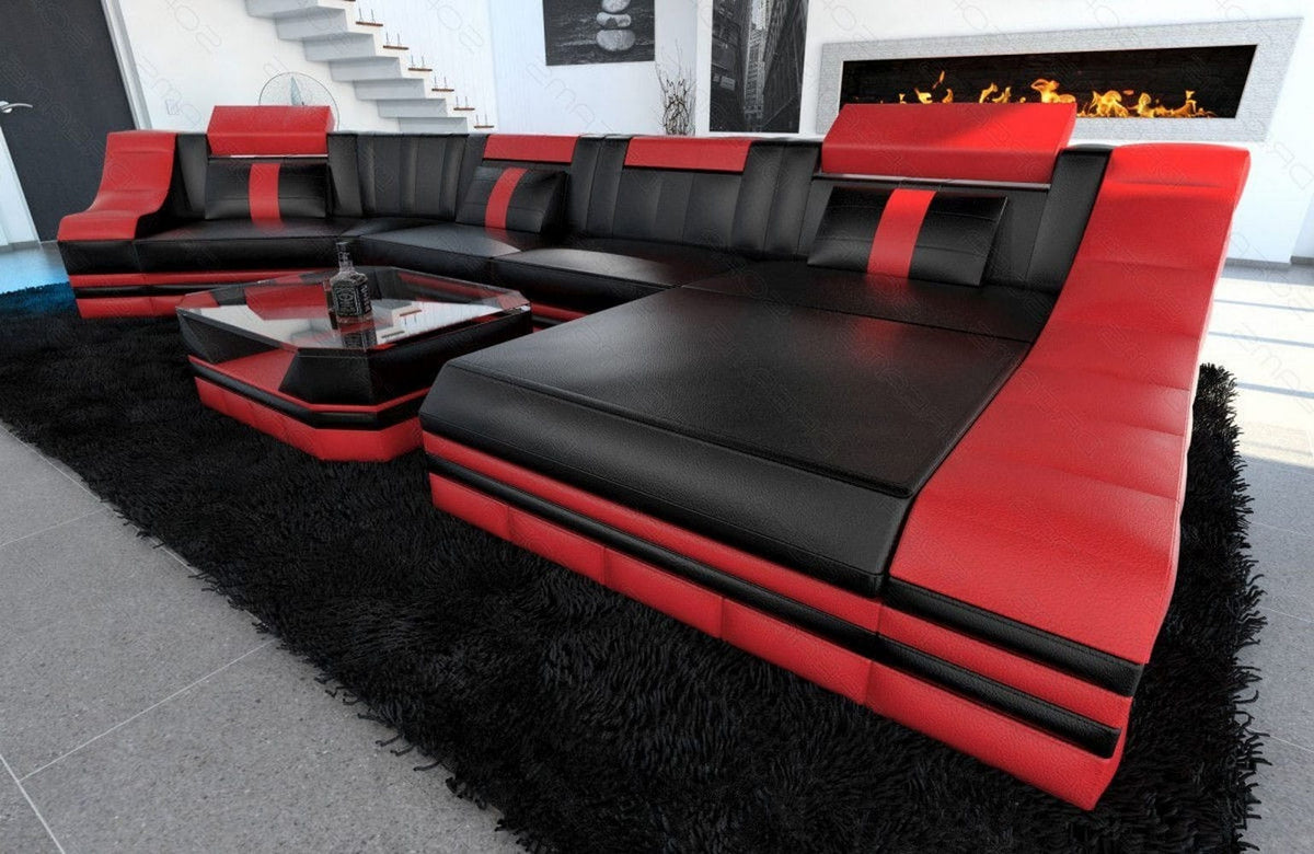Leder Couch Turino C-Form schwarz-rot