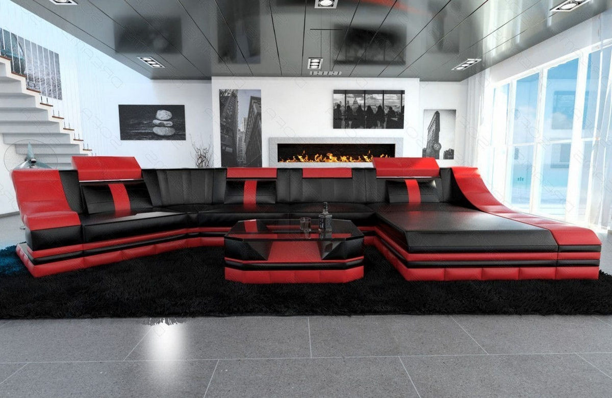 Leder Couch Turino C-Form schwarz-rot