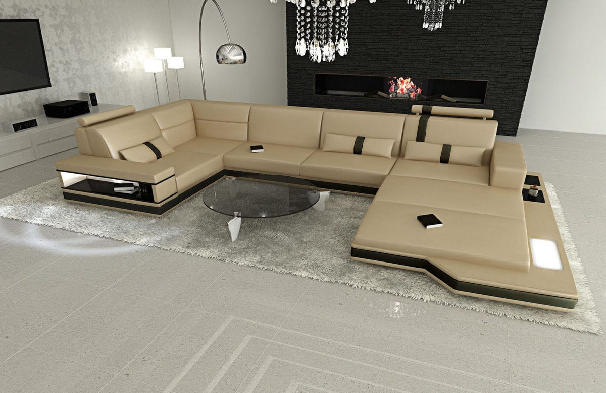 Sofa Messana U-Form in Leder sandbeige-schwarz