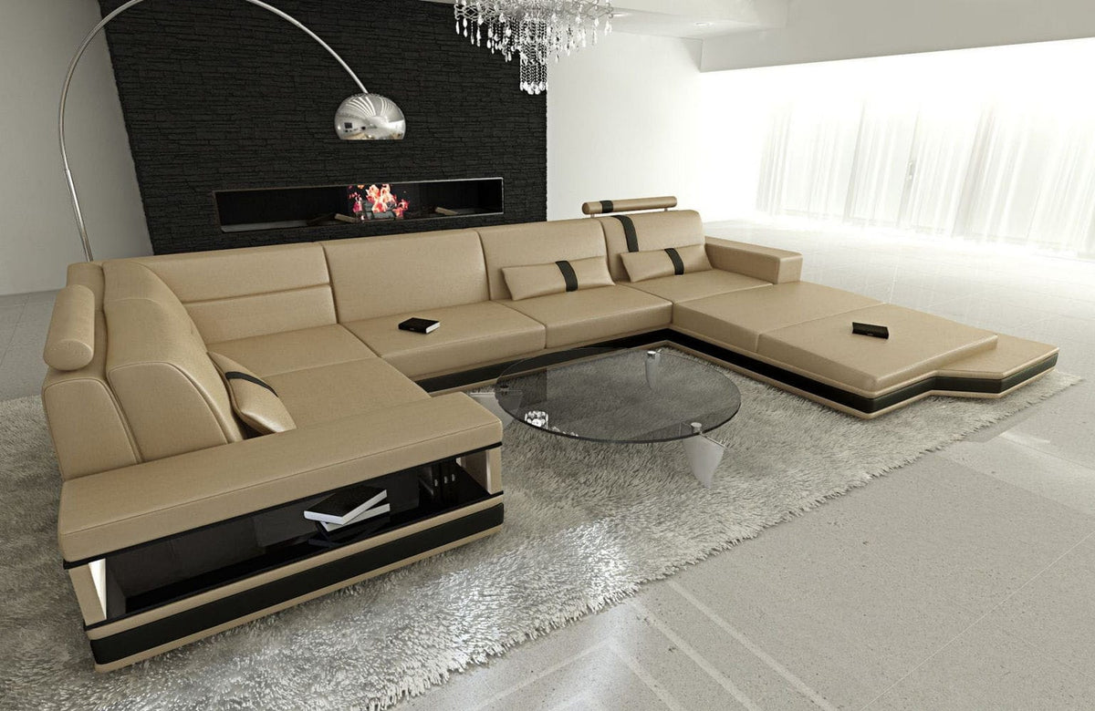 Sofa Messana U-Form in Leder sandbeige-schwarz
