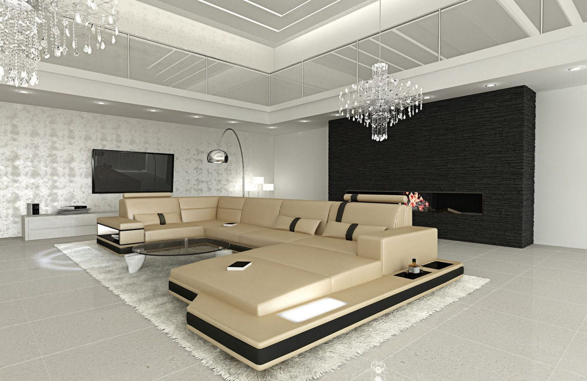 Sofa Messana U-Form in Leder sandbeige-schwarz