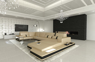 Sofa Messana U-Form in Leder sandbeige-schwarz